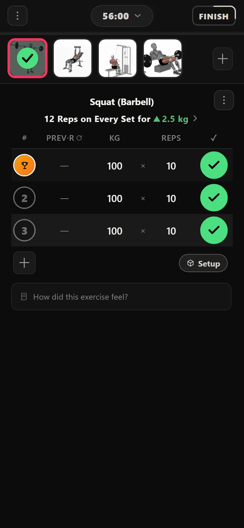 Durata logger showing the squat at 100 kg for 10 reps, the weight not yet moved