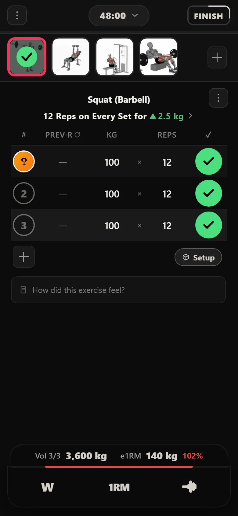 Barbell squat in Durata at 100 kg for 12 reps on every set