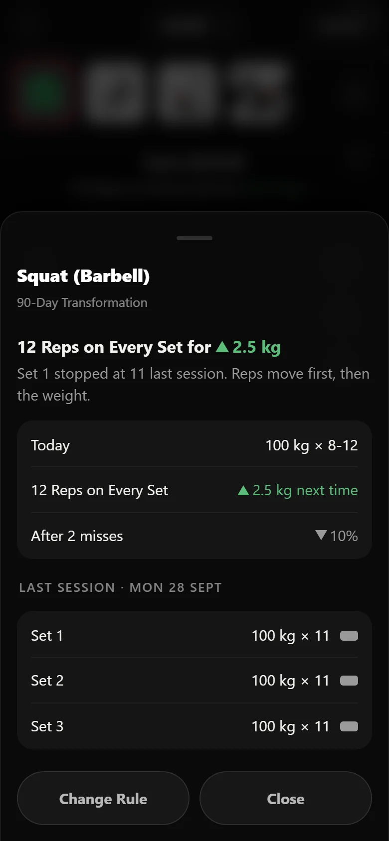 Durata rule sheet for the squat: 12 reps on every set for 2.5 kg
