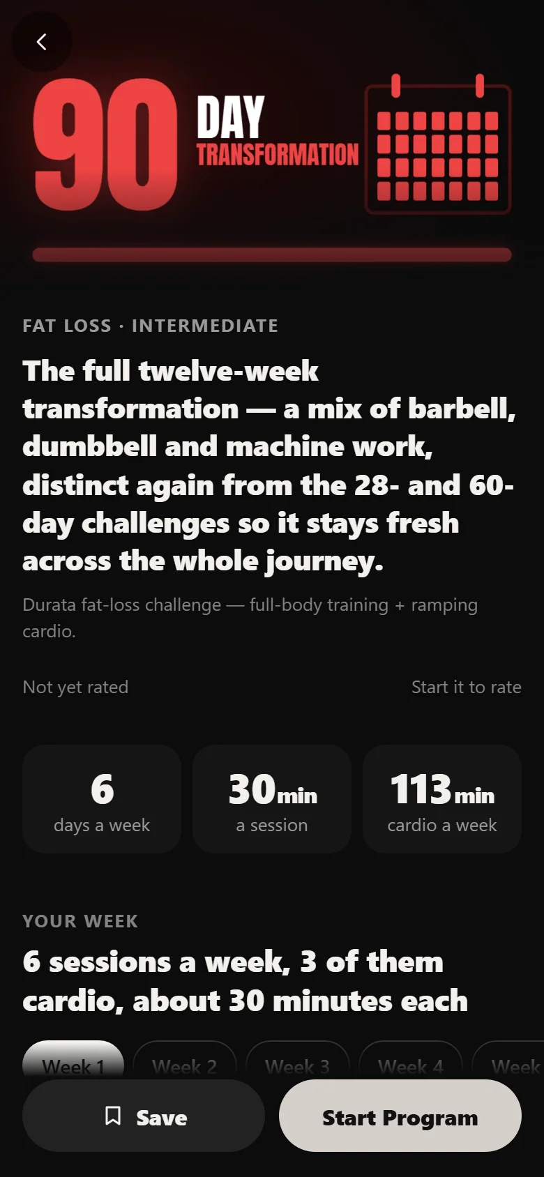 The 90-Day Transformation program page in Durata