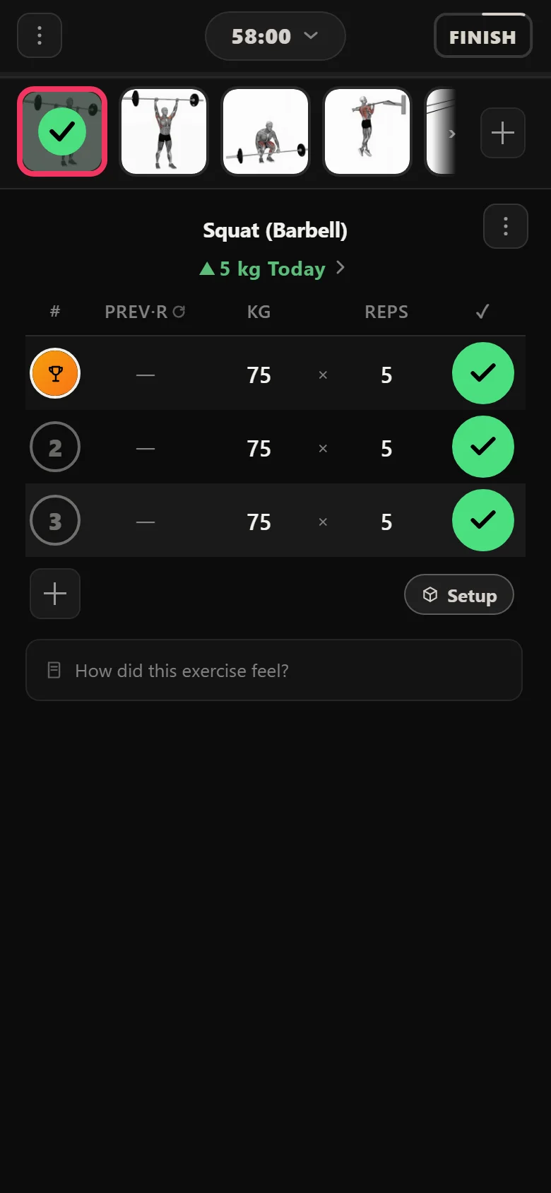 Squat at 75 kg for three sets of five after four sessions of linear progression in Durata