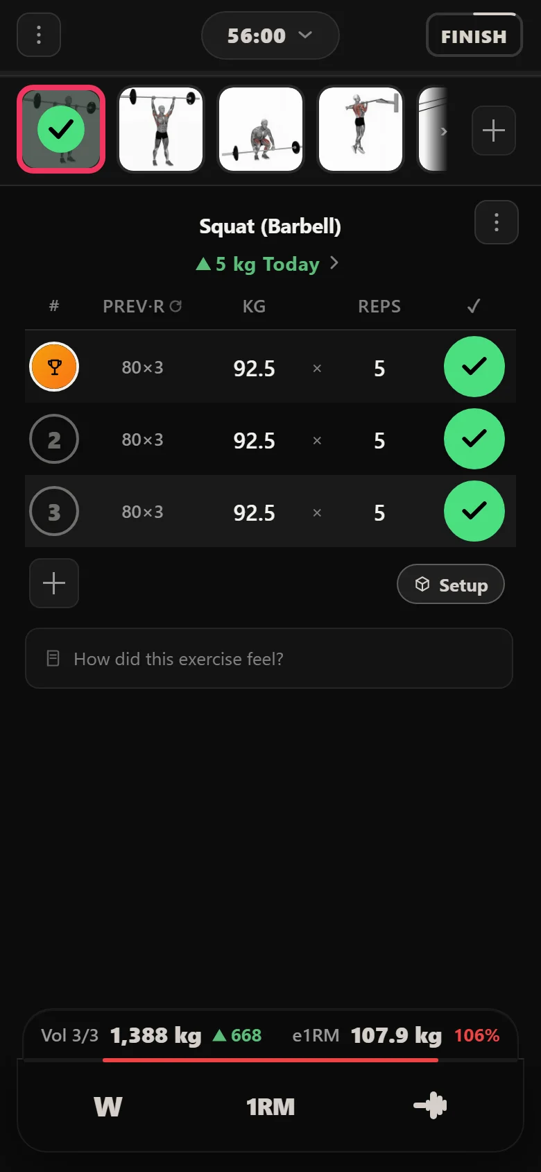 Durata logger: squat at 92.5 kg for three sets of five on the last session of the block