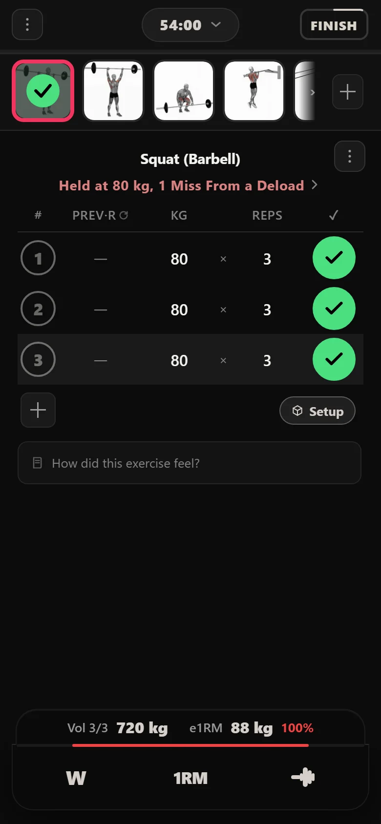 A missed squat session in Durata: three sets at 80 kg for three reps, with the chip reading held at 80 kg