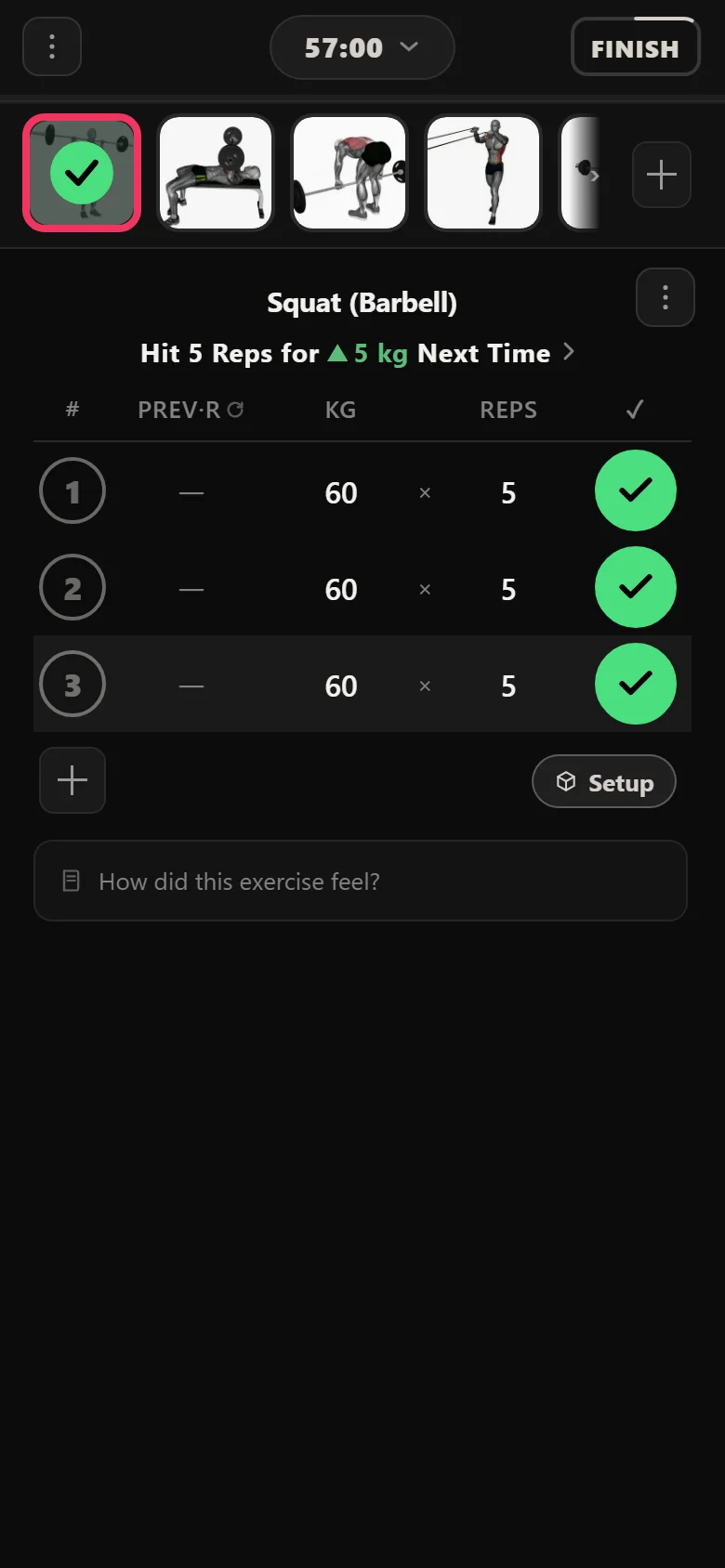 Squat session in Durata at 60 kg for three sets of five with the LP rule chip visible