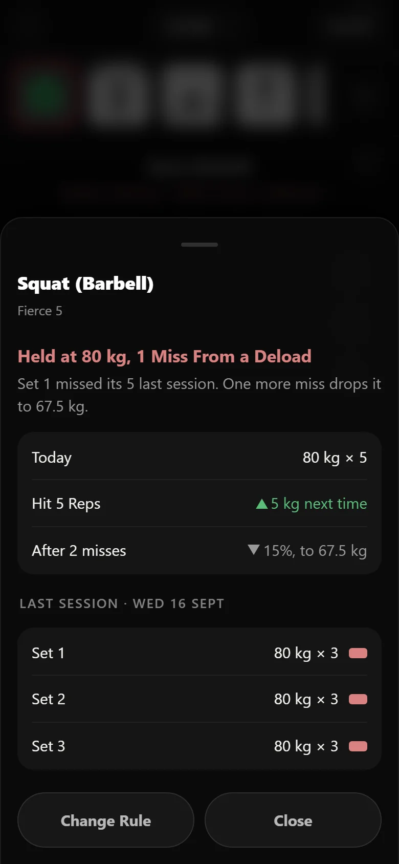 Durata why-sheet for the squat, showing the missed session that held the weight and the 67.5 kg the rule would cut to