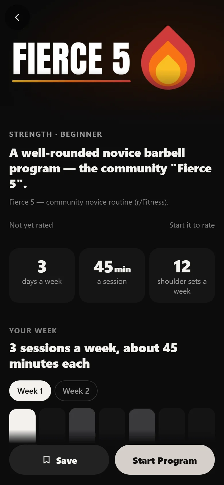 The Fierce 5 program page in Durata showing the week of sessions before you start