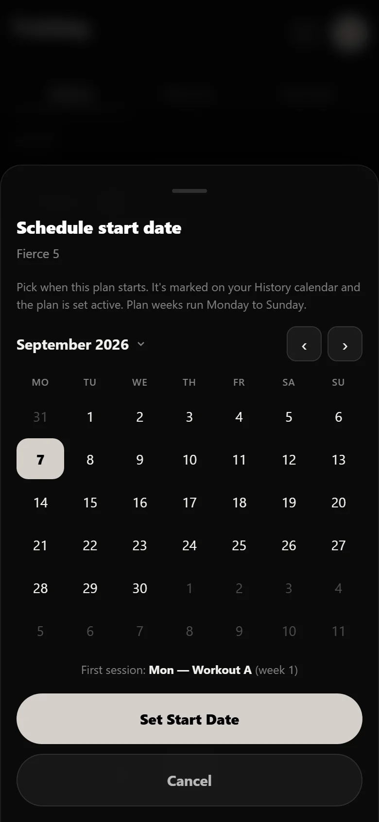 Scheduling the Fierce 5 start date on the Durata calendar