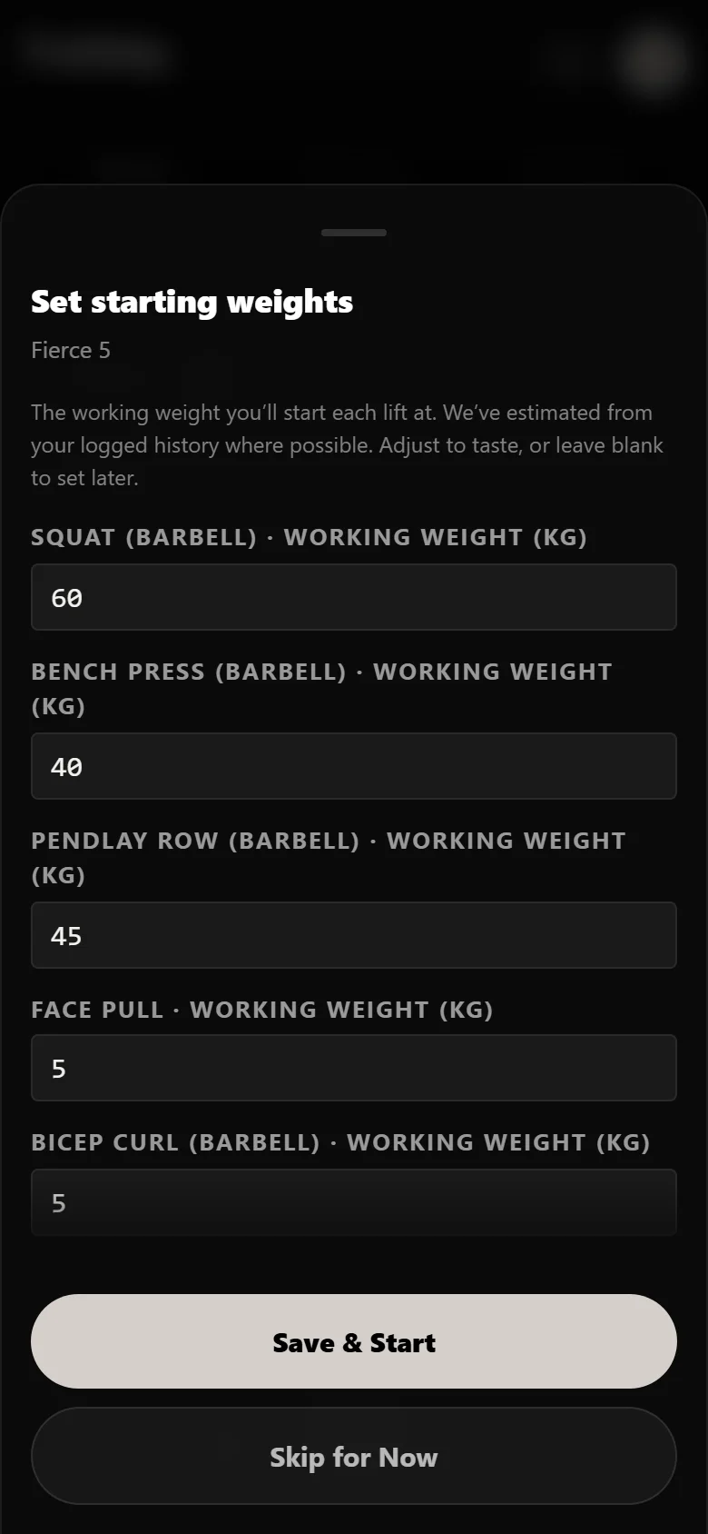 Setting starting working weights when beginning Fierce 5 in Durata, squat at 60 kg