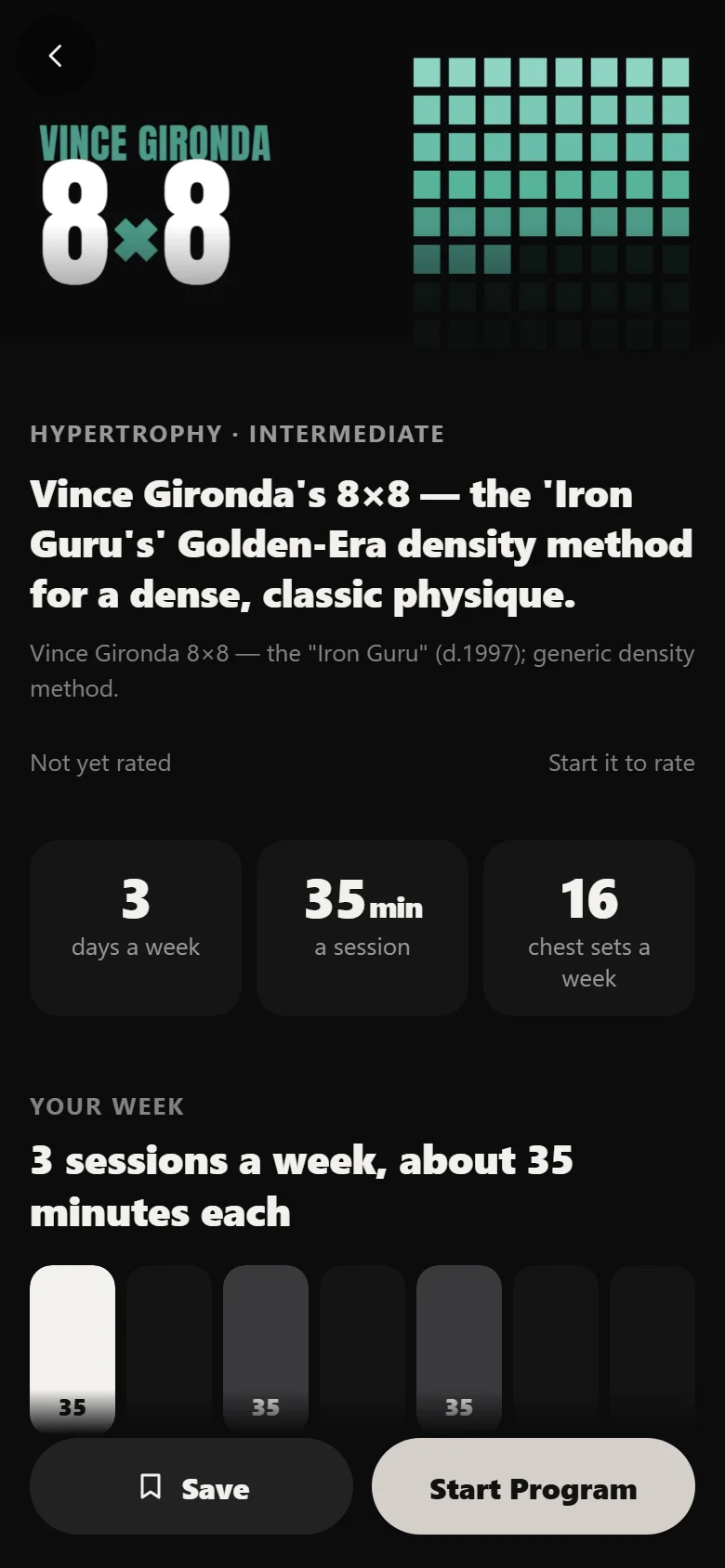 Vince Gironda 8×8 program detail screen in Durata