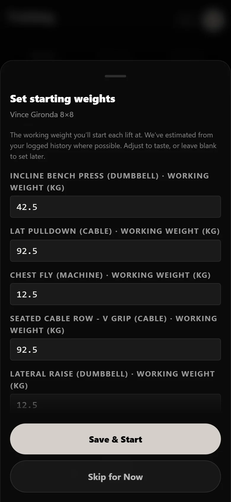 Setting working weights when starting Vince Gironda 8×8 in Durata