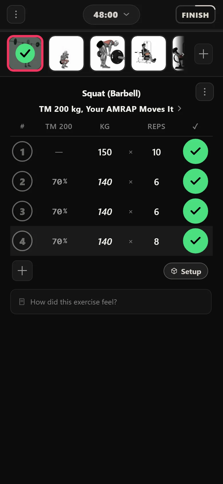 Durata logger showing the Tier 1 squat top set at 150 kg with drop sets at 140 kg