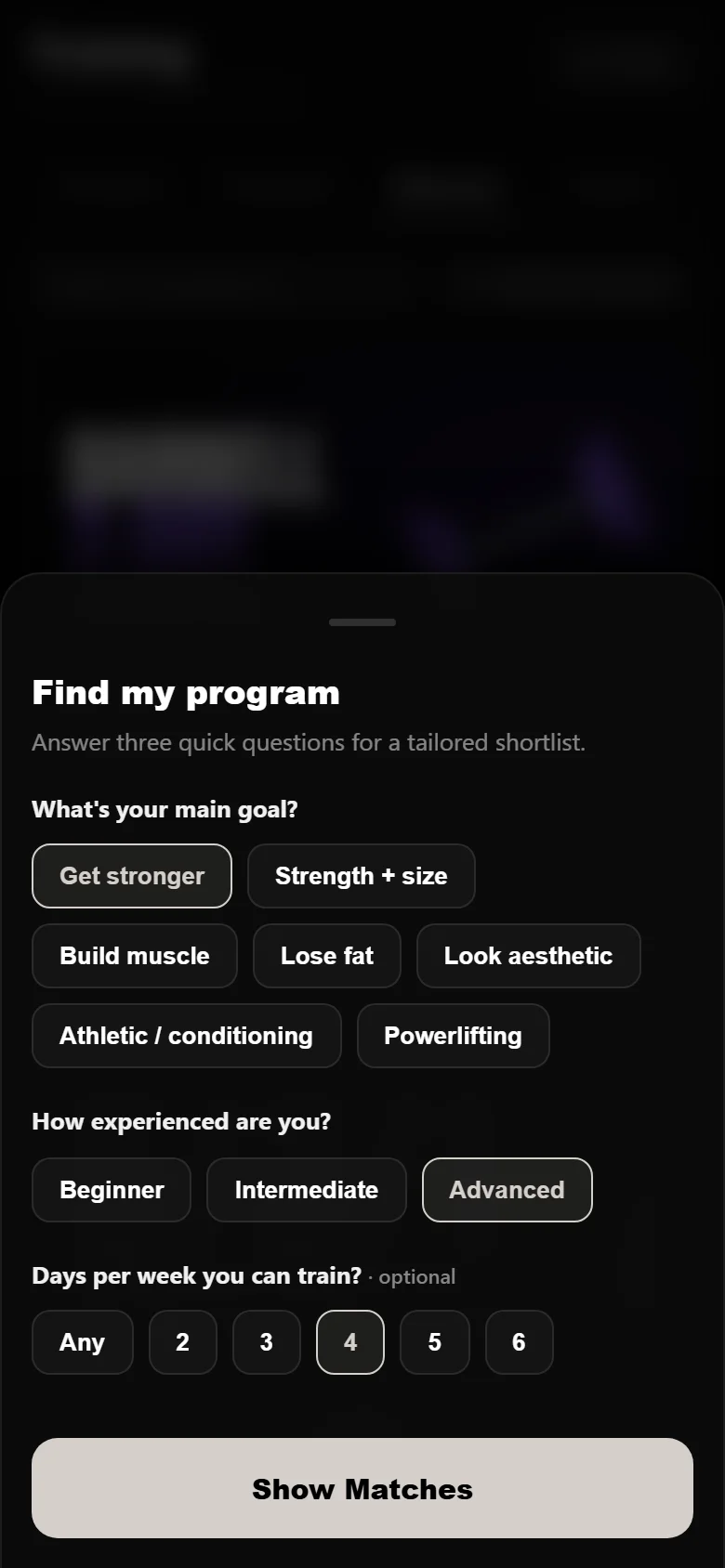 Durata find-my-program quiz with get stronger, advanced and 4 days selected
