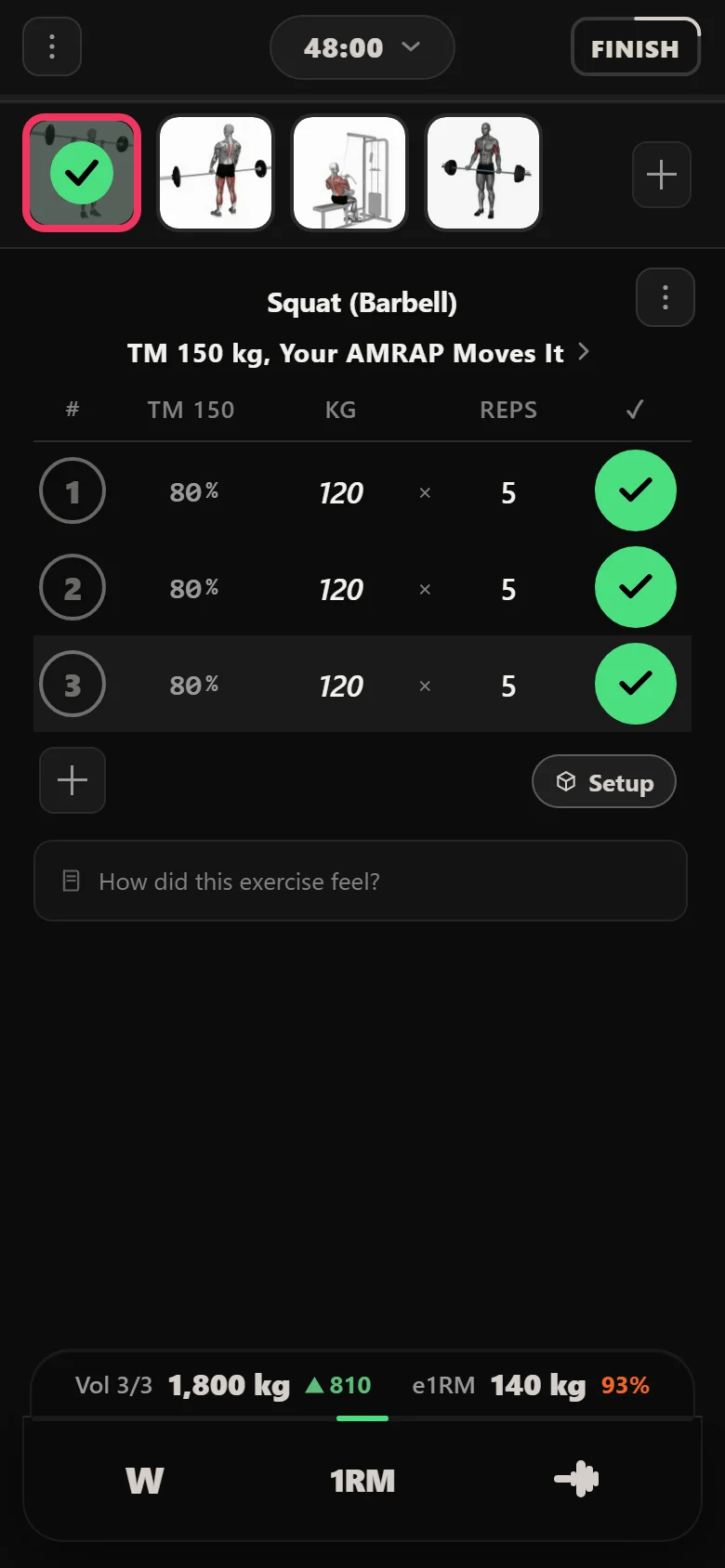 The Rippler week 1 squat in Durata: 3 by 5 at 80 percent