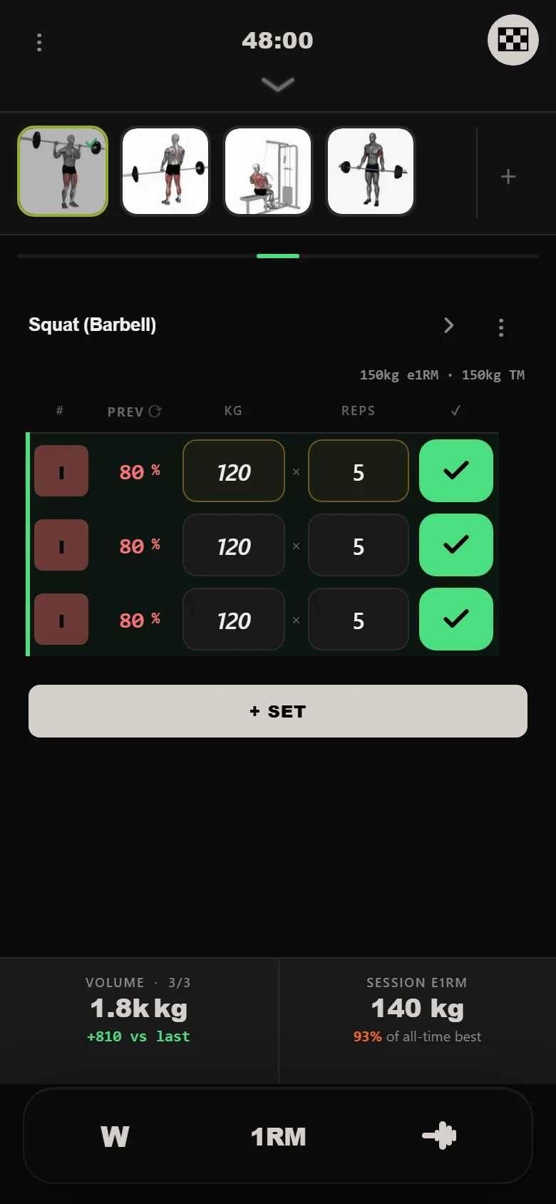 The Rippler week 1 squat in Durata: 3 by 5 at 80 percent