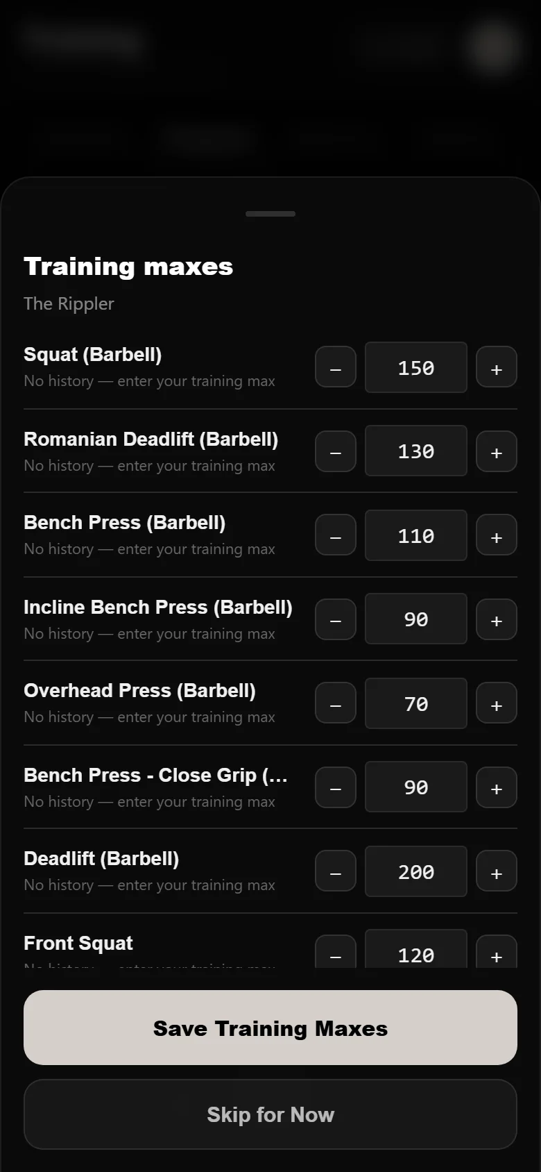 Setting training maxes to true 1RMs when starting The Rippler