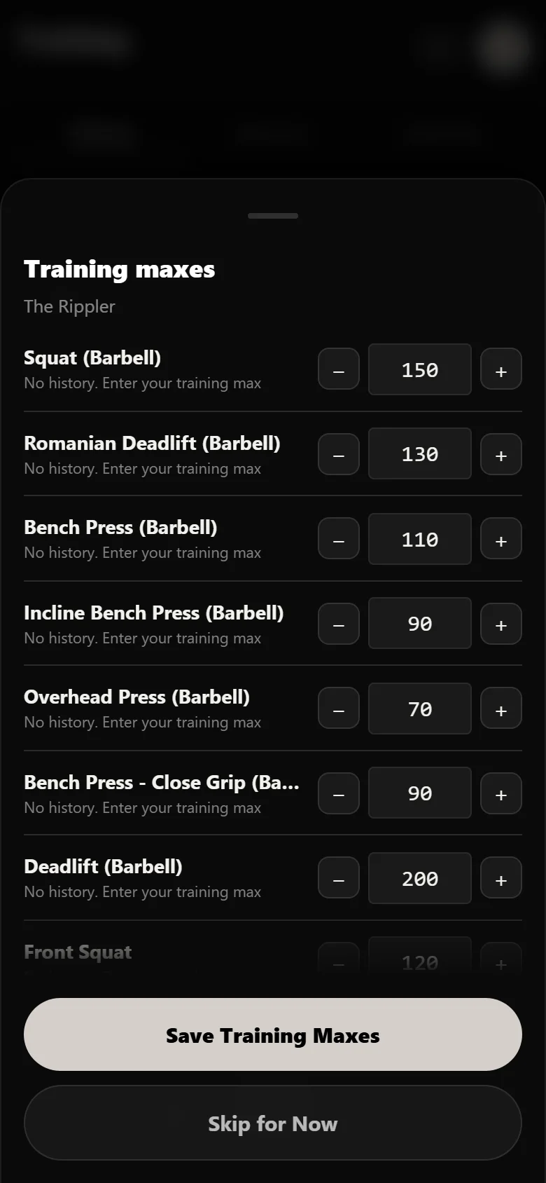 Setting training maxes to true 1RMs when starting The Rippler