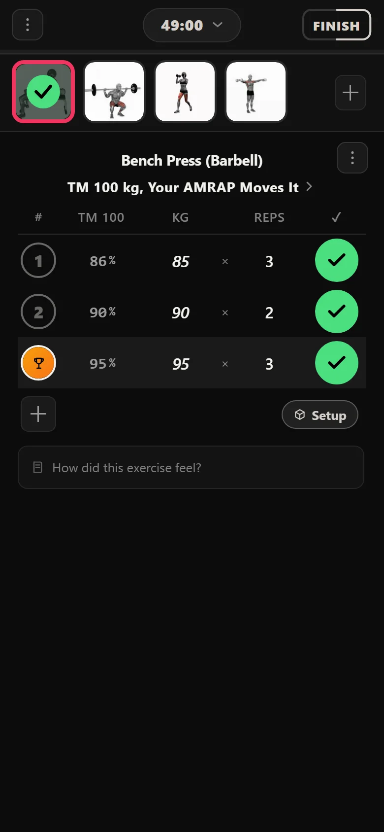 Durata logger: Bench Press (Barbell) single at 95 kg, repped out