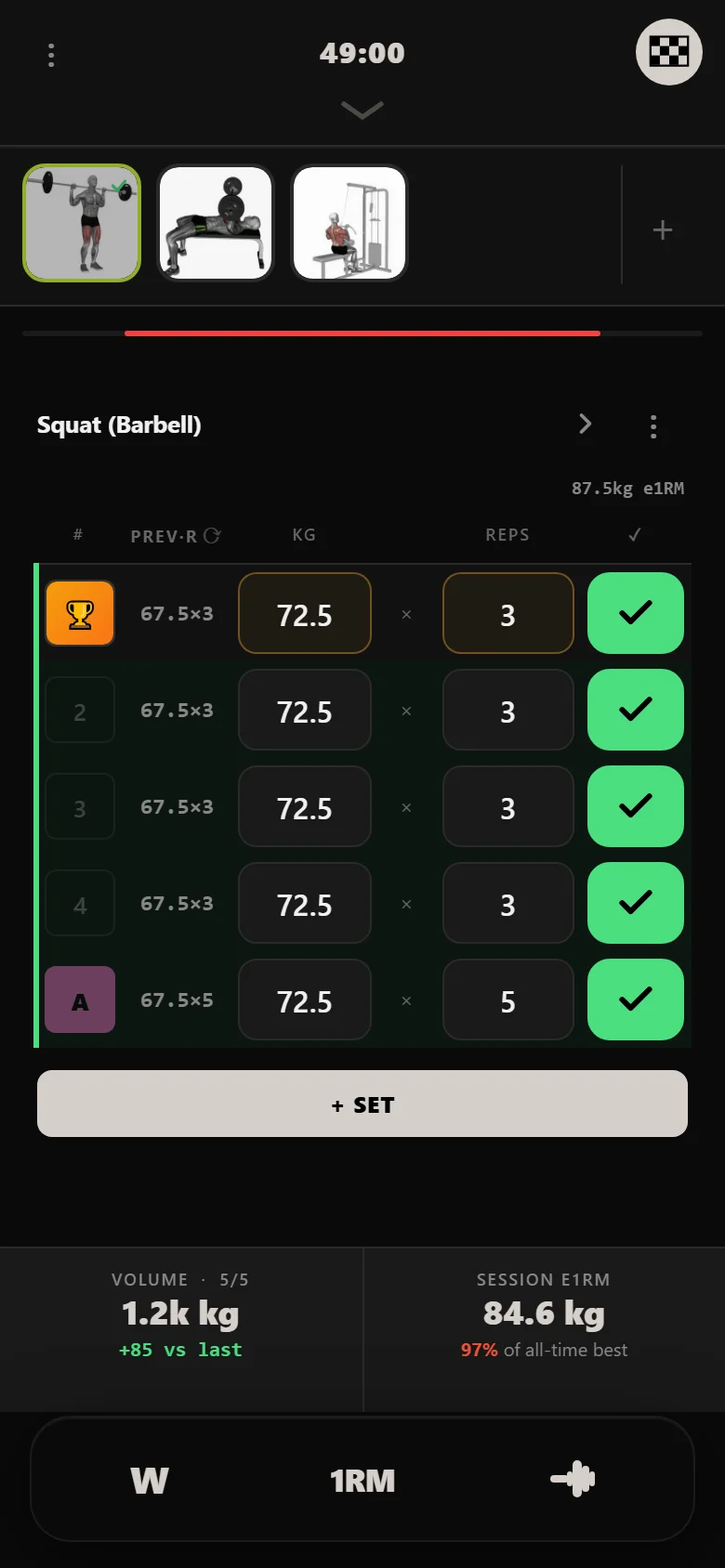 Durata logger — GZCLP T1 squat back above 65 kg after the restart, 72.5 kg