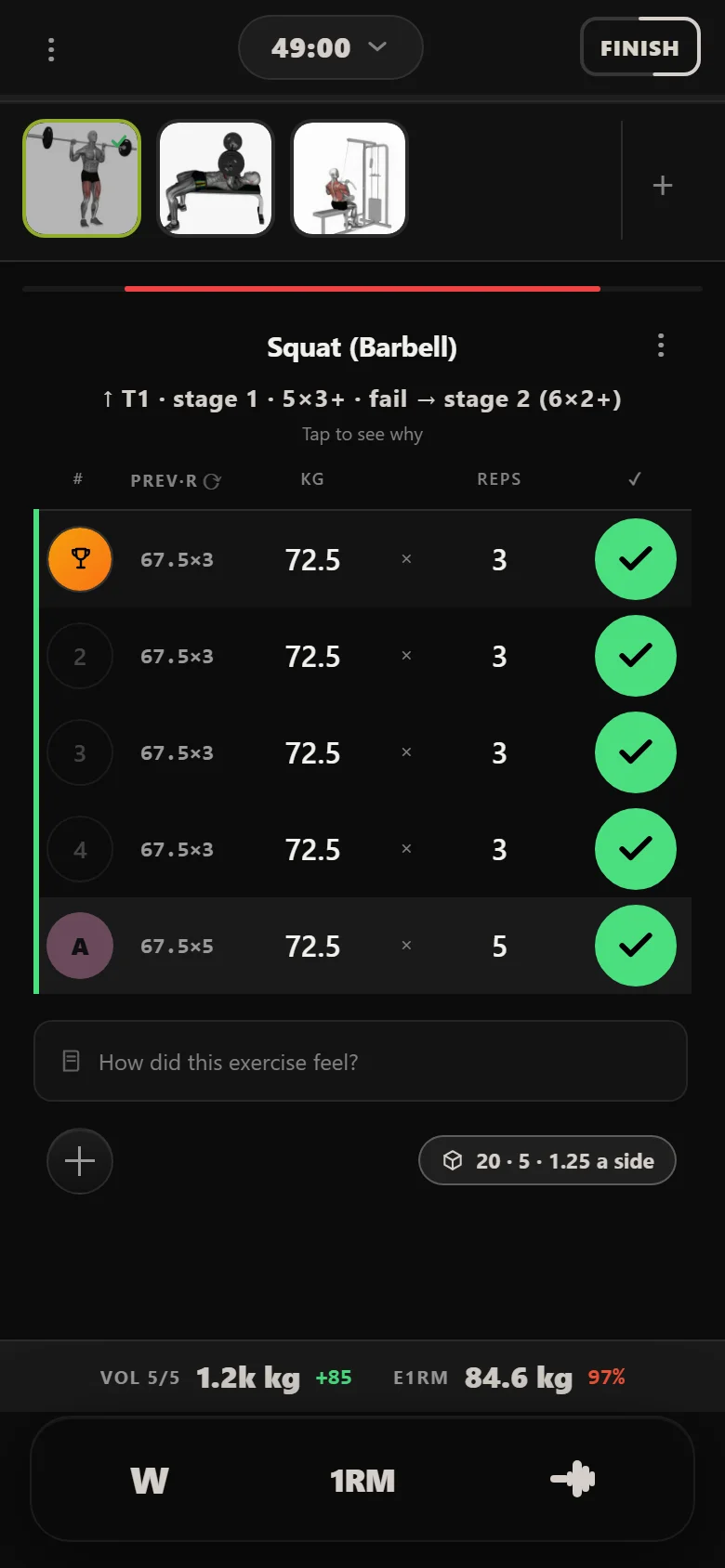 Durata logger: GZCLP T1 squat back above the stall after the restart, 72.5 kg