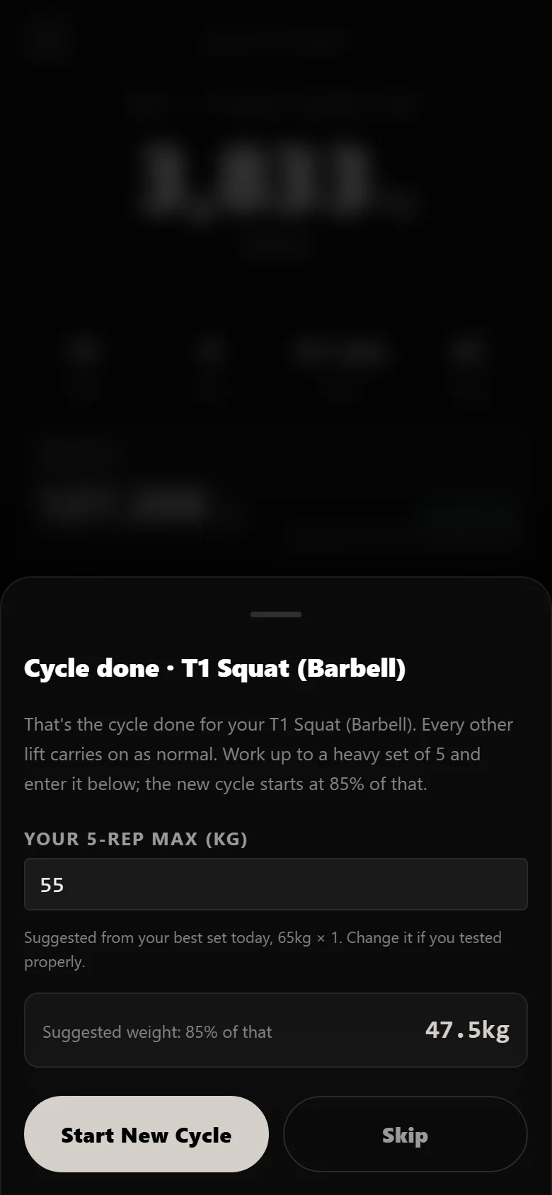 The GZCLP cycle-restart sheet in Durata, showing an estimated five-rep max and a suggested restart weight at 85 percent