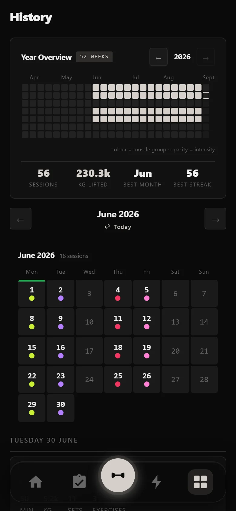 Durata history showing fourteen weeks of GZCLP sessions
