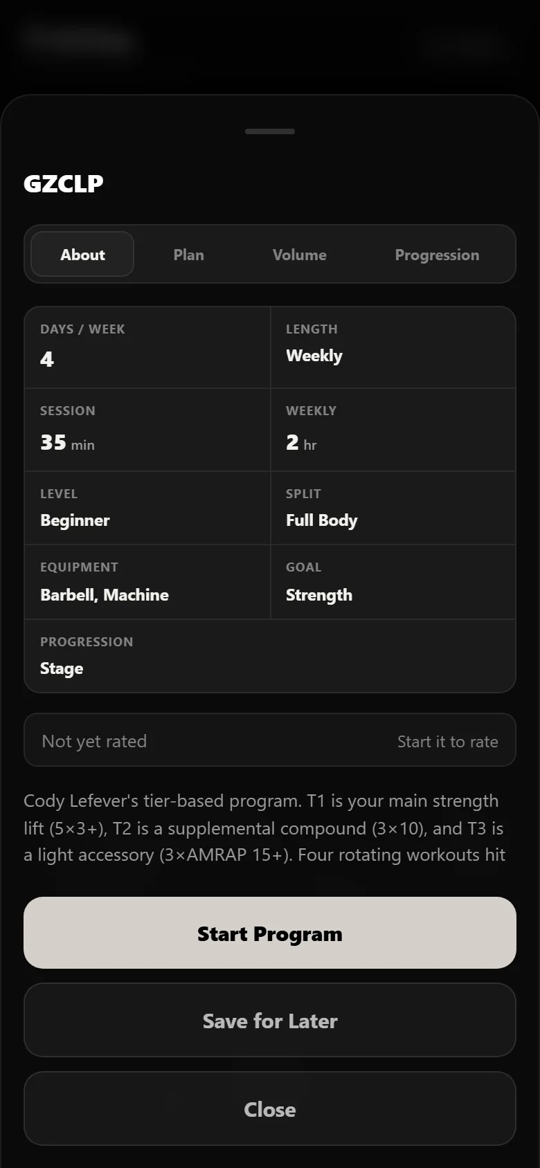 The GZCLP program page in Durata showing the tier structure and four rotating sessions