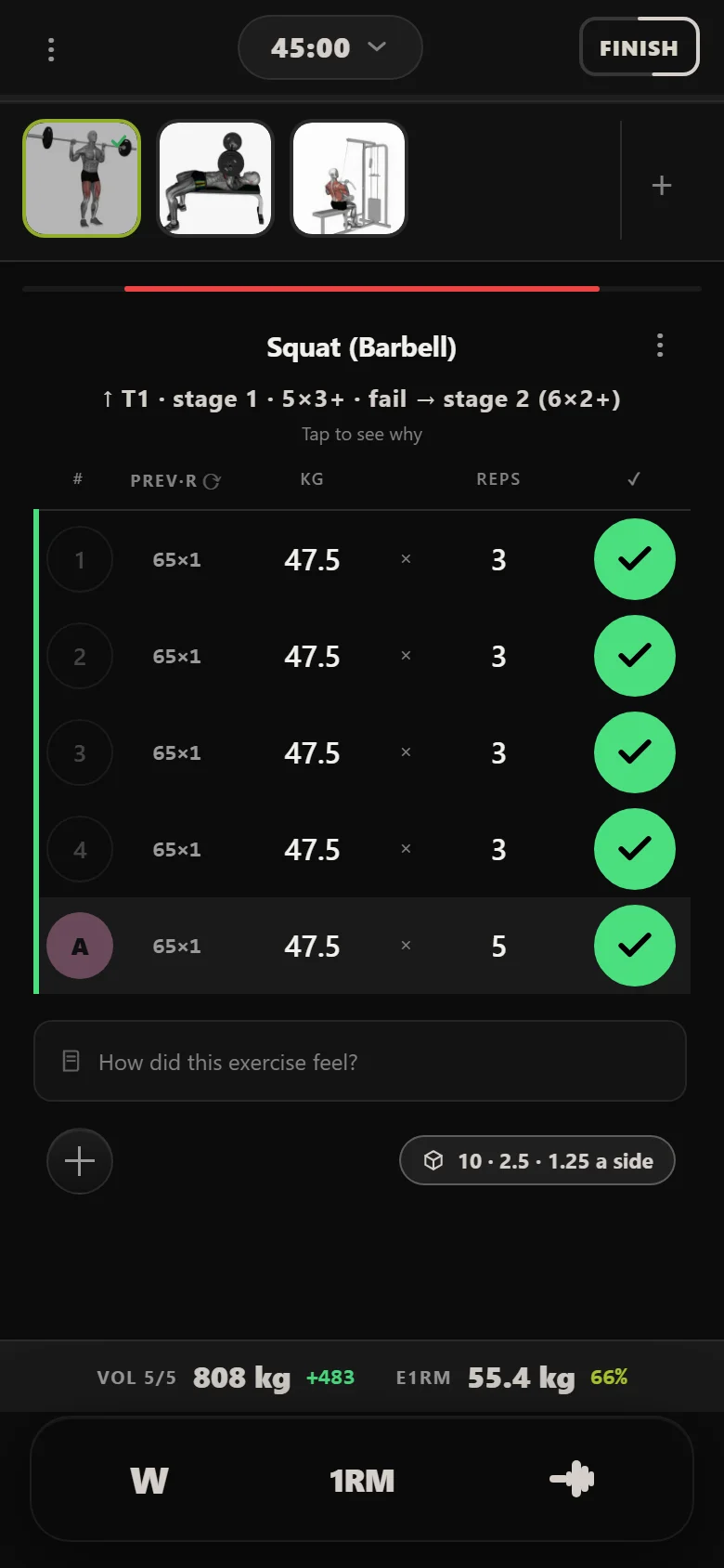 GZCLP T1 squat rebuilt back to five sets of three after the restart, climbing again