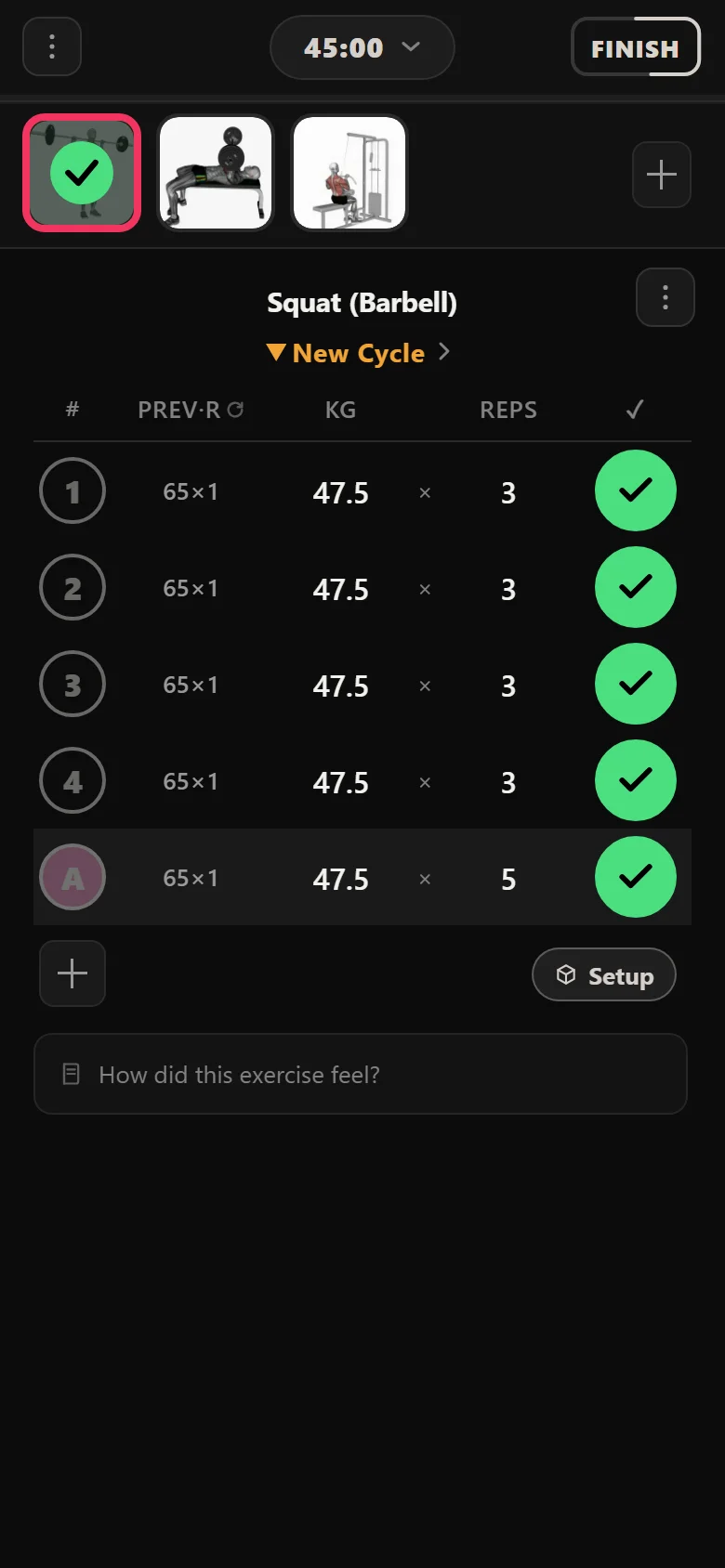 GZCLP T1 squat rebuilt back to five sets of three after the restart, climbing again
