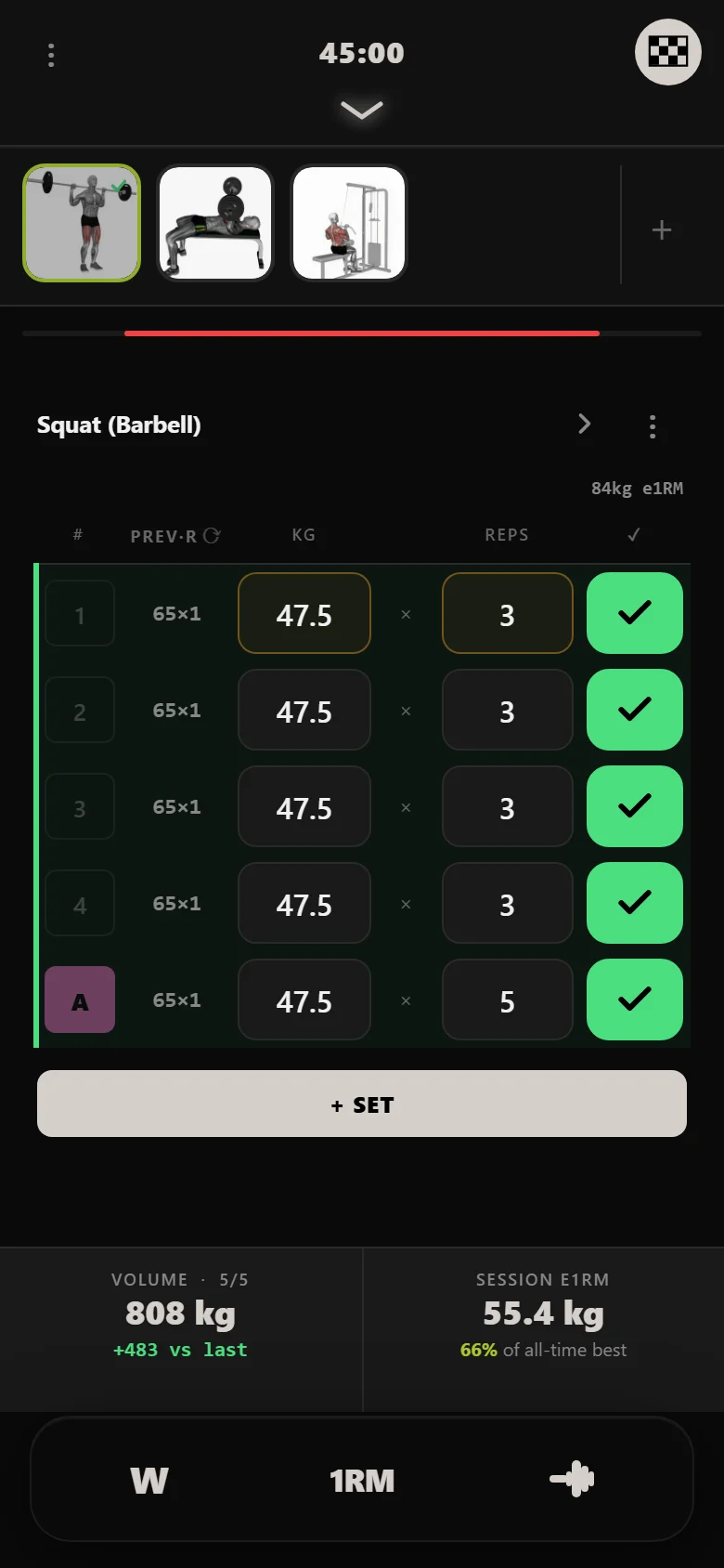 GZCLP T1 squat rebuilt back to five sets of three after the restart, climbing again