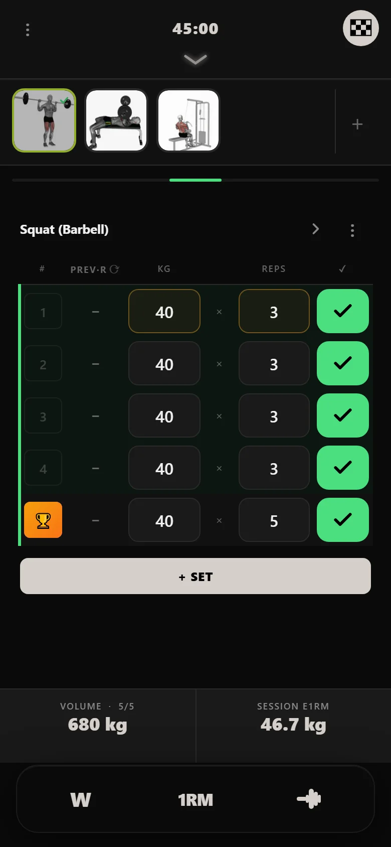 Durata logger — GZCLP T1 squat, session one, 40 kg on 5×3