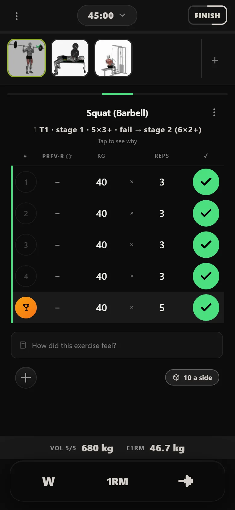 A GZCLP T1 squat session in Durata at 40 kg, five sets of three with a final AMRAP set