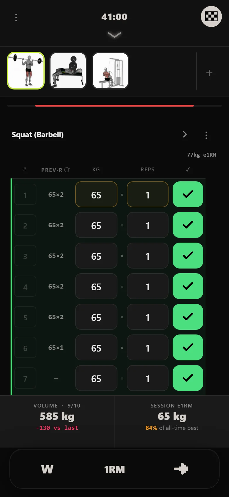 GZCLP T1 squat on the last stage, ten sets of one at 65 kg