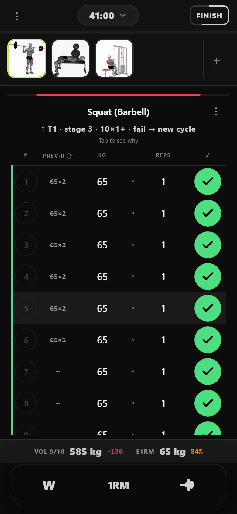 GZCLP T1 squat on the last stage, ten sets of one at 65 kg
