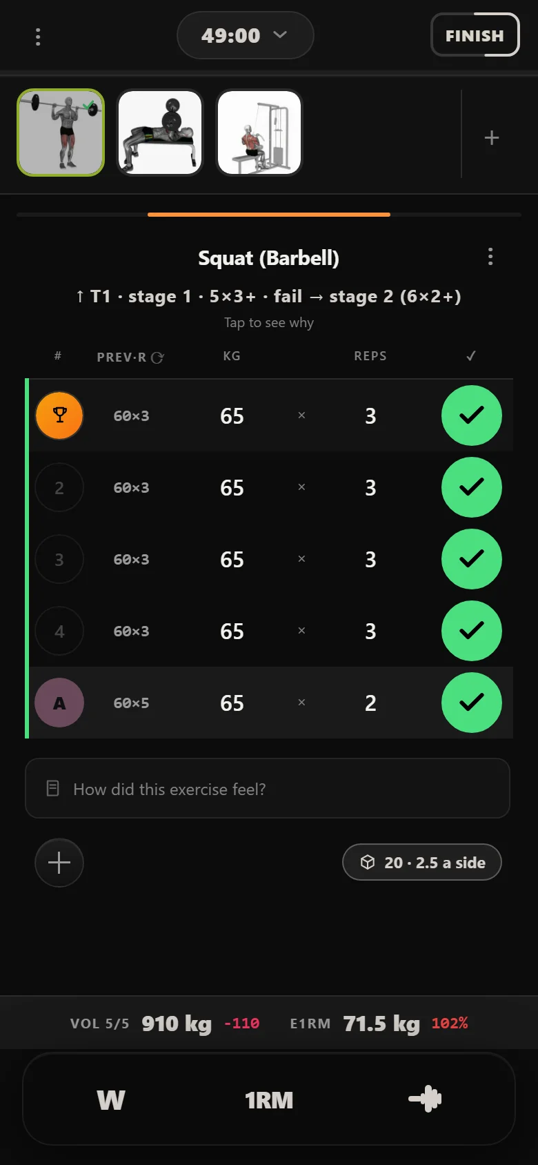 GZCLP T1 squat at 65 kg in Durata with the final AMRAP set falling short of target