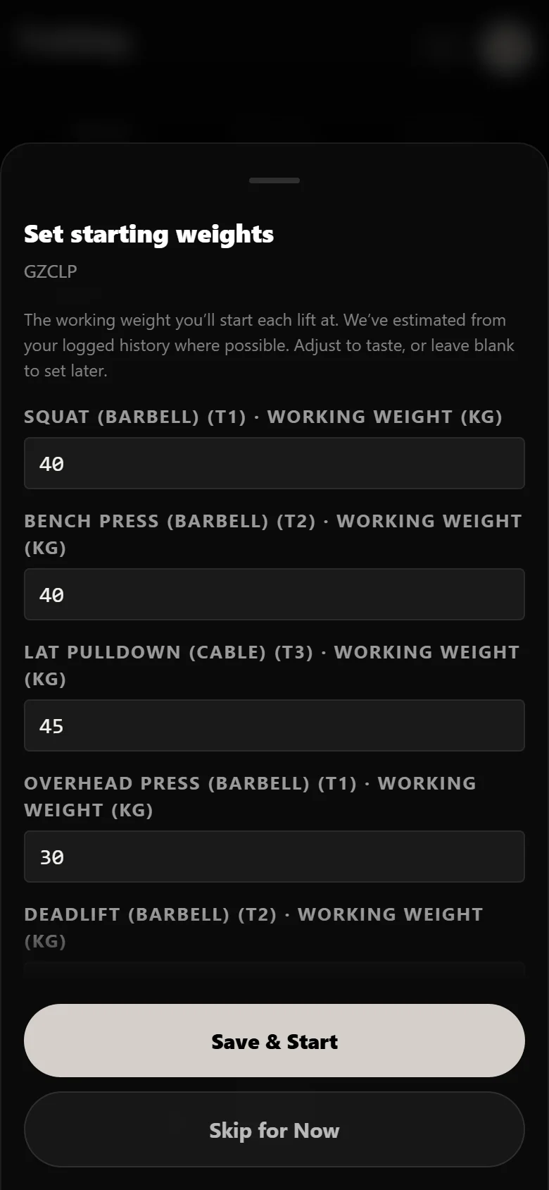 Setting starting working weights for GZCLP in Durata, including the T1 and T2 main lifts