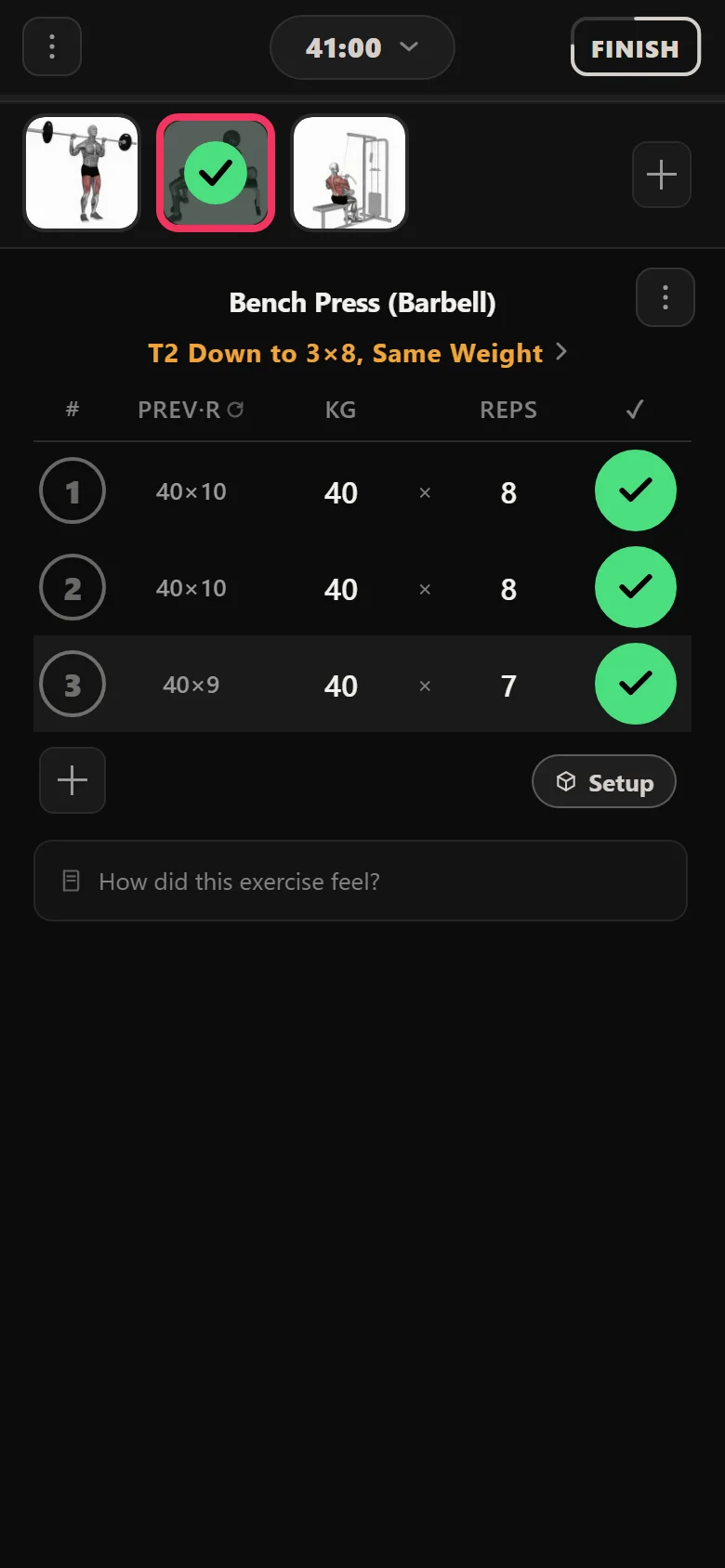 GZCLP T2 bench press dropped to three sets of eight at the same 40 kg