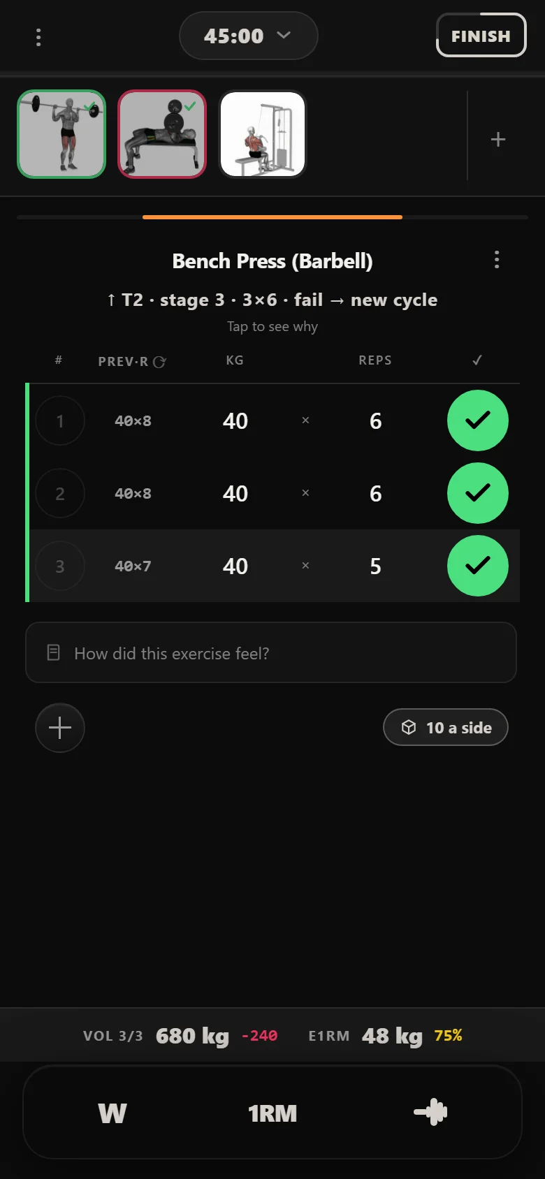 GZCLP T2 bench press on its last stage, three sets of six at 40 kg
