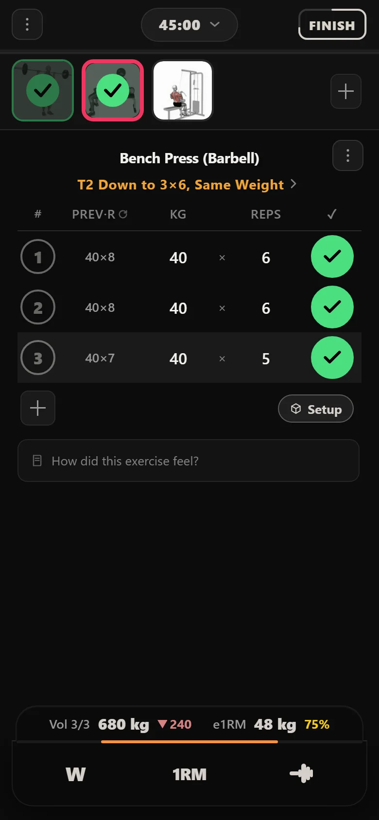 GZCLP T2 bench press on its last stage, three sets of six at 40 kg