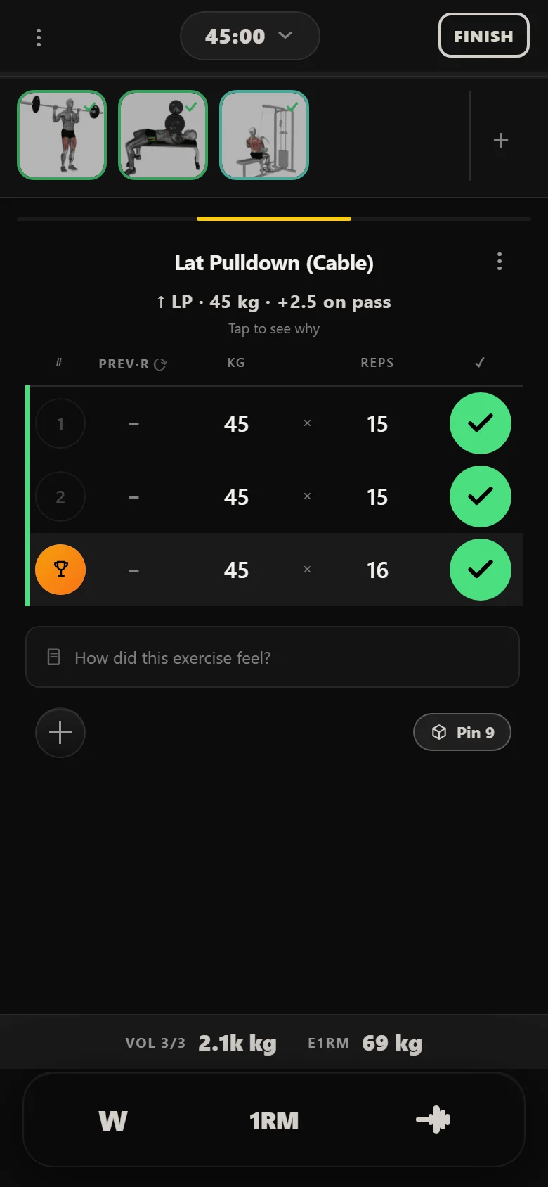 The GZCLP T3 lat pulldown in Durata showing three sets of fifteen and the rep target that earns an increment