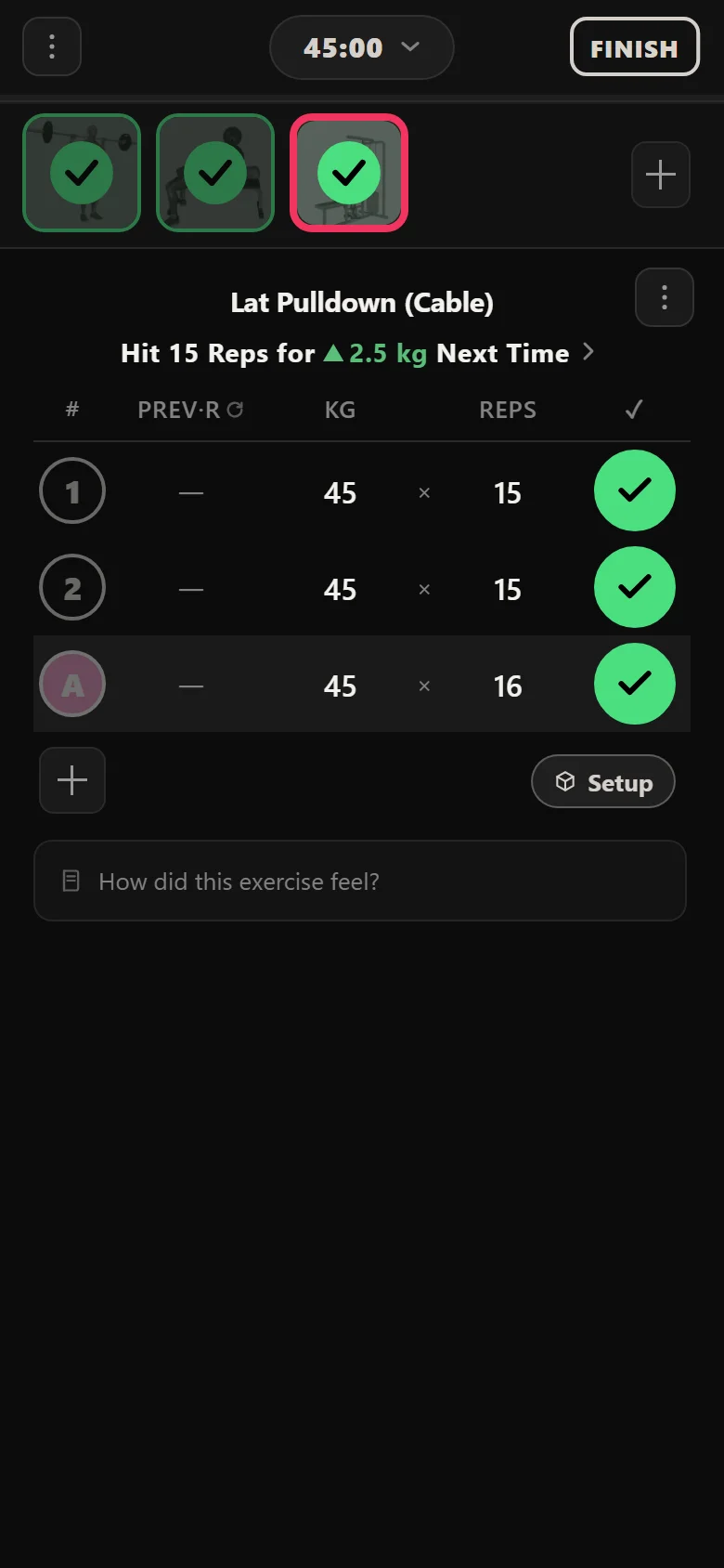 The GZCLP T3 lat pulldown in Durata showing three sets of fifteen and the rep target that earns an increment