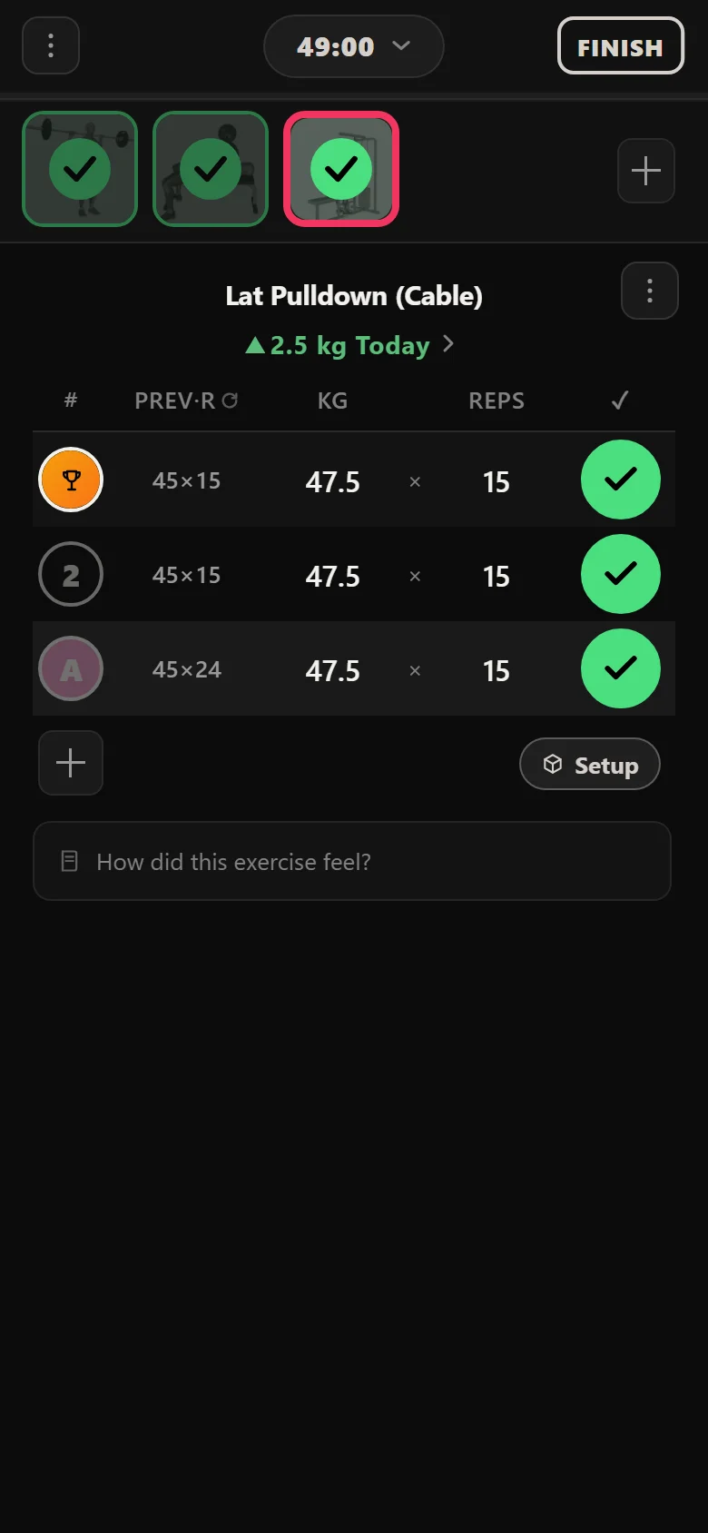 GZCLP T3 lat pulldown moved up to 47.5 kg after hitting the rep target
