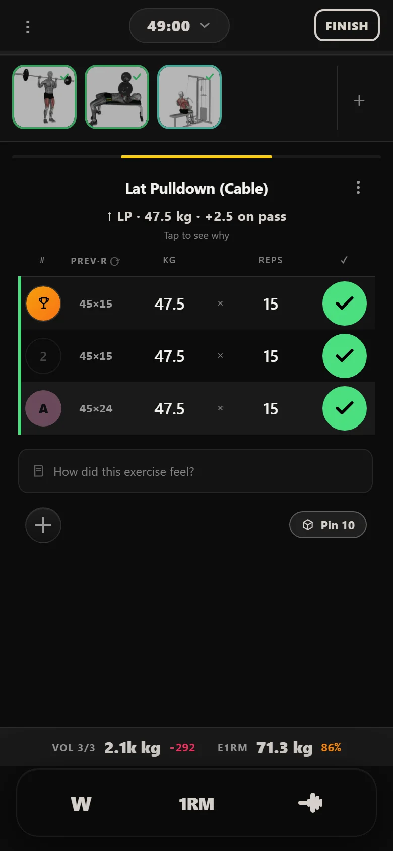 GZCLP T3 lat pulldown moved up to 47.5 kg after hitting the rep target