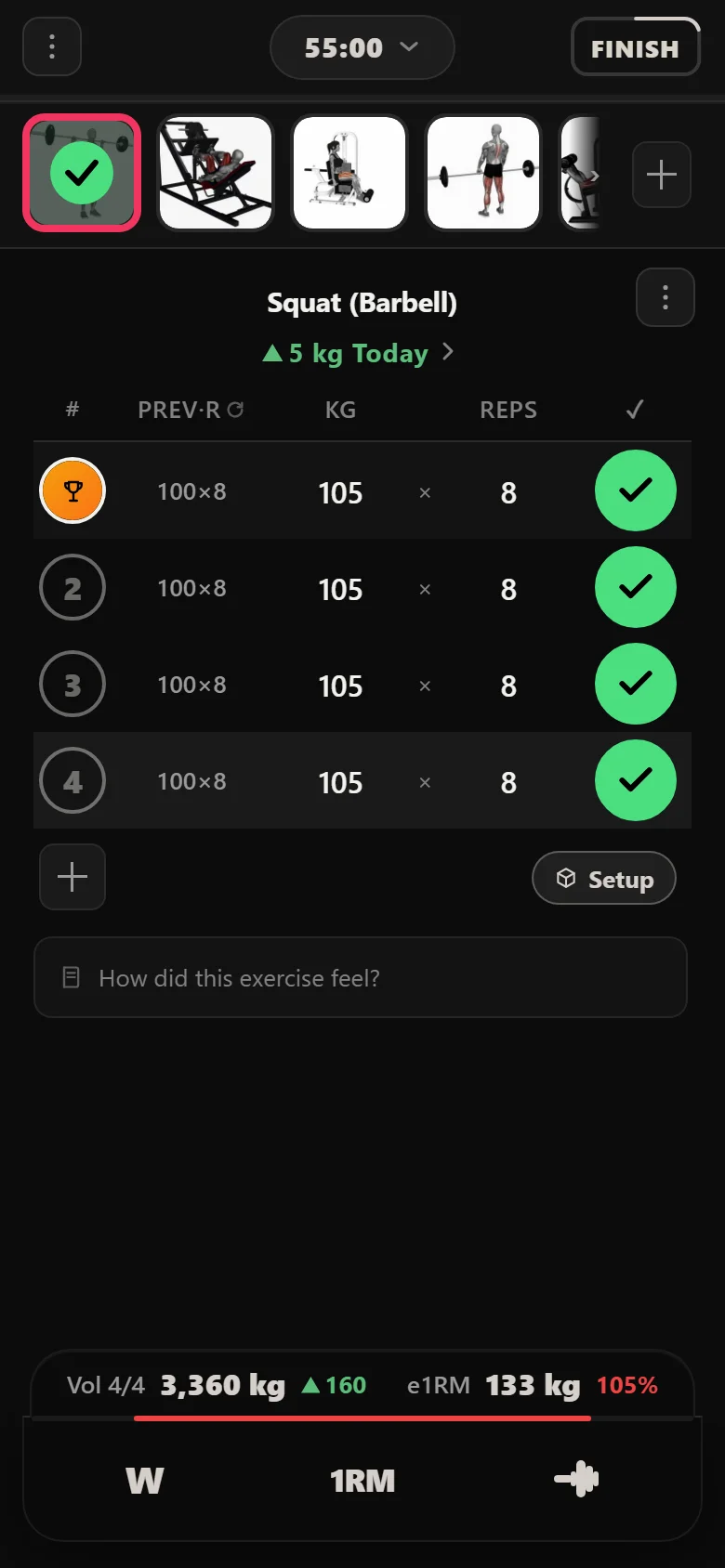 Durata logger showing the High Frequency PPL squat at 105 kg