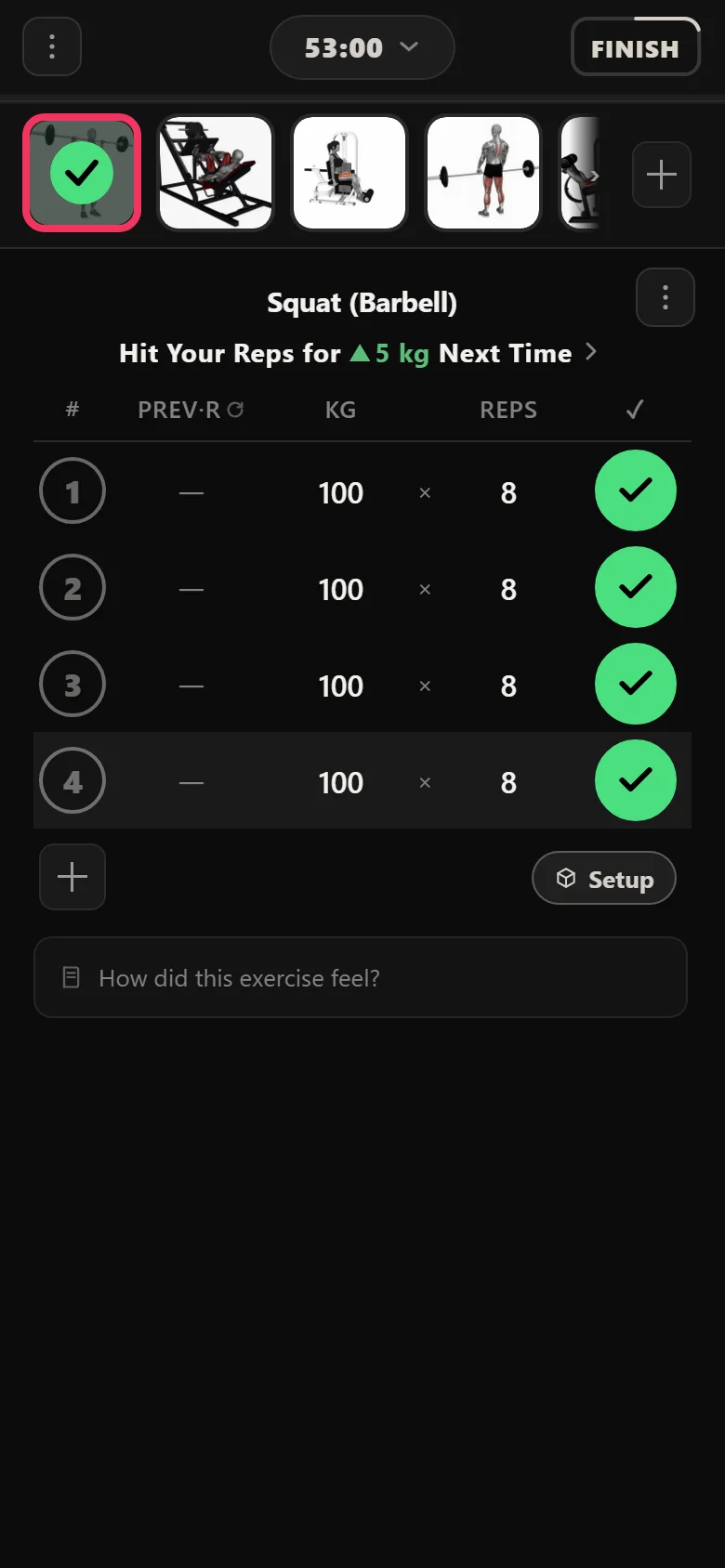 Durata logger showing the High Frequency PPL squat at 100 kg