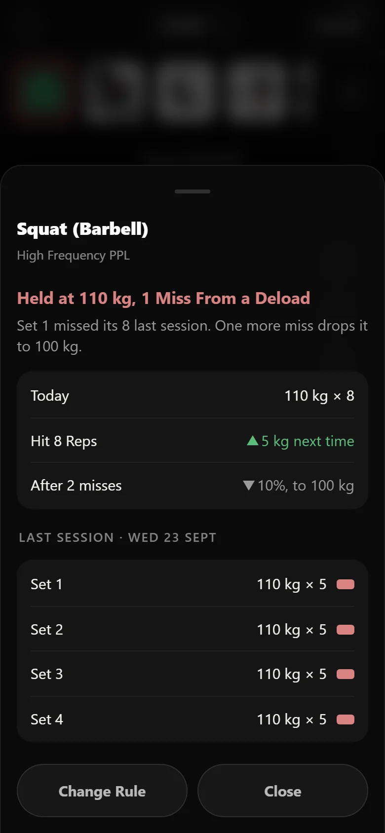 Durata rule chip expanded, showing the evidence behind a held squat weight