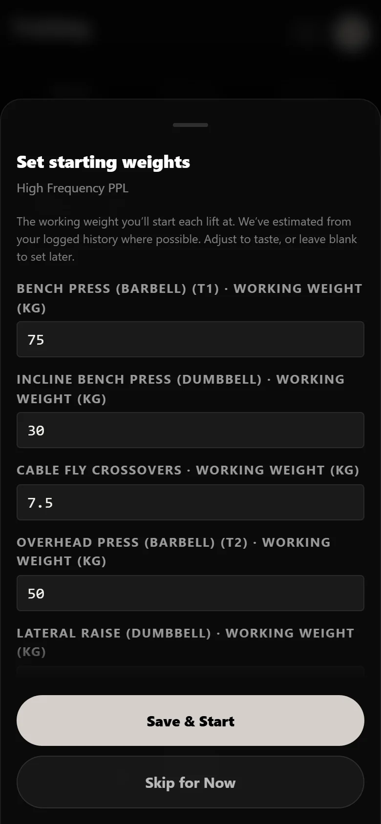 High Frequency PPL setup sheet in Durata asking for a working weight per lift