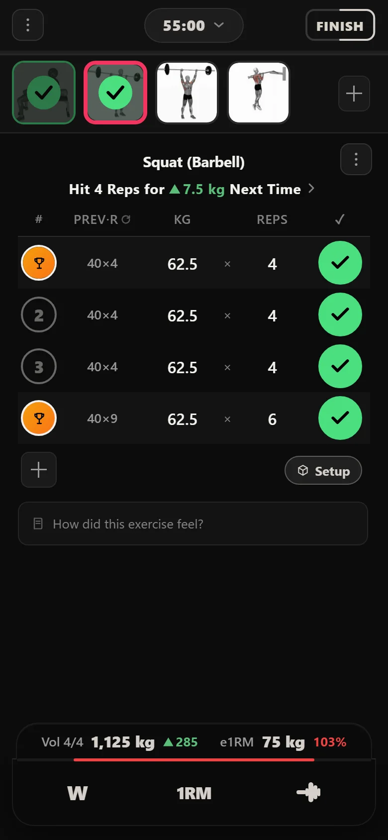Ivysaur heavy squat day in Durata at 62.5 kg where the AMRAP top set fell short of eight reps, so the weekly increment stayed standard