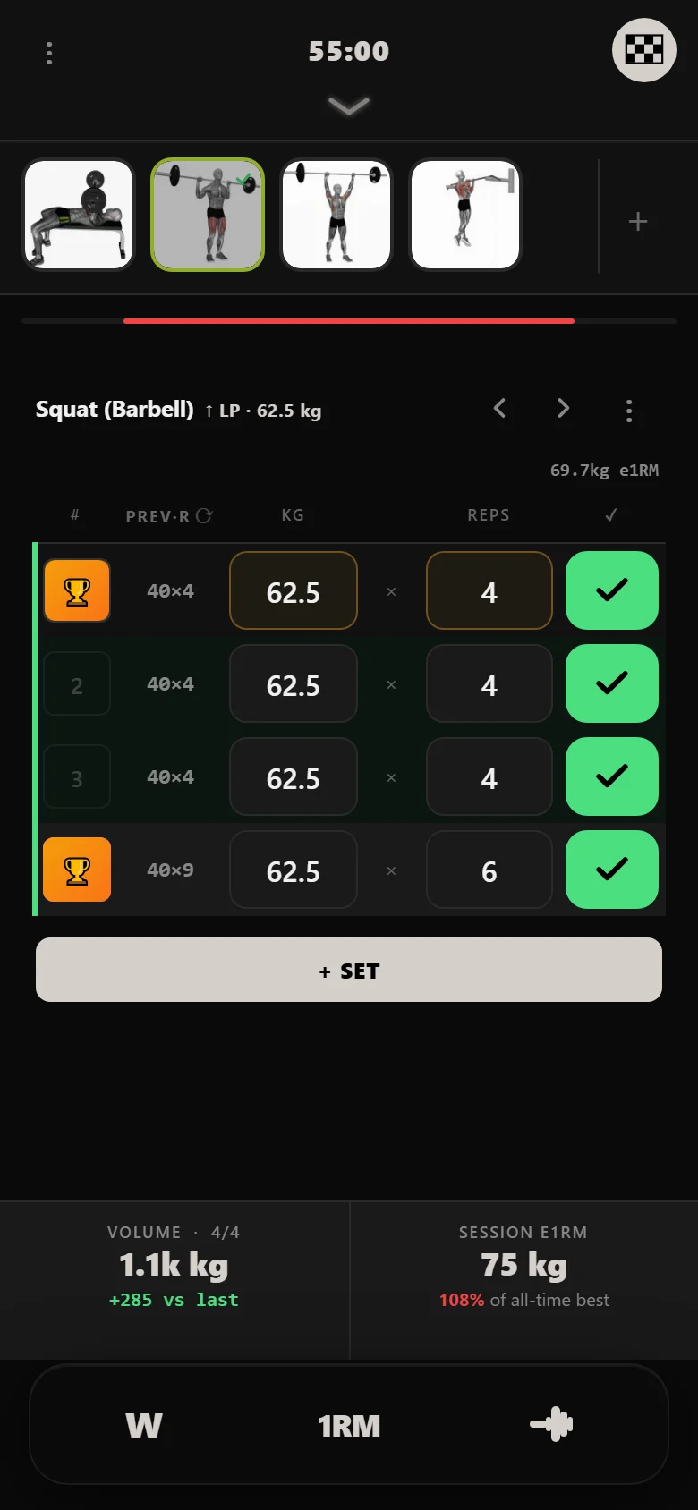 Ivysaur heavy squat day in Durata at 62.5 kg where the AMRAP top set fell short of eight reps, so the weekly increment stayed standard
