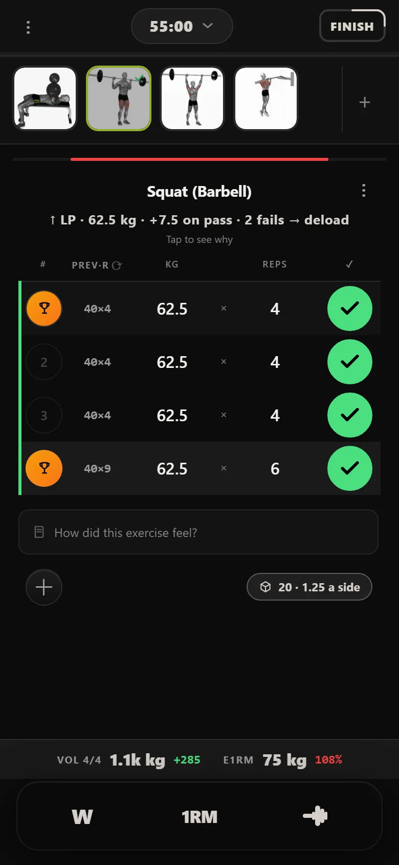 Ivysaur heavy squat day in Durata at 62.5 kg where the AMRAP top set fell short of eight reps, so the weekly increment stayed standard