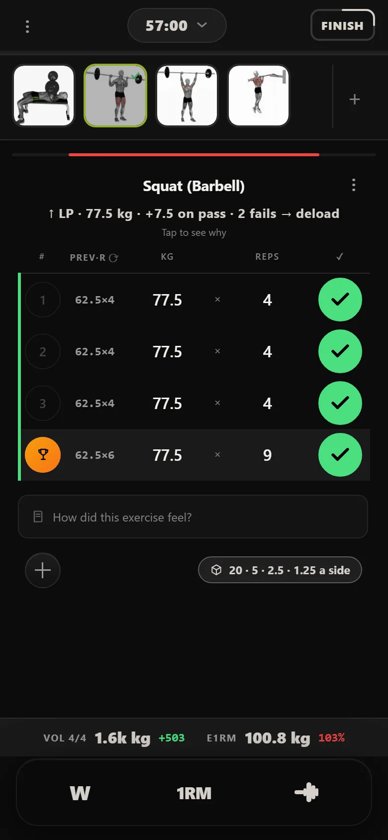 Ivysaur heavy squat day in Durata at 77.5 kg with a nine-rep AMRAP top set that doubles the next weekly jump to fifteen kilos